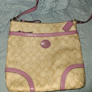 Coach Cream and Pink Crossbody Bag with Signature Monogram